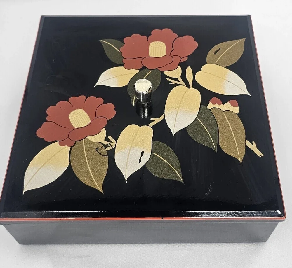 Vtg Otagiri Lacquerware Trinket Box W/ Removable Tray 6.5” Camellia Flower Nice